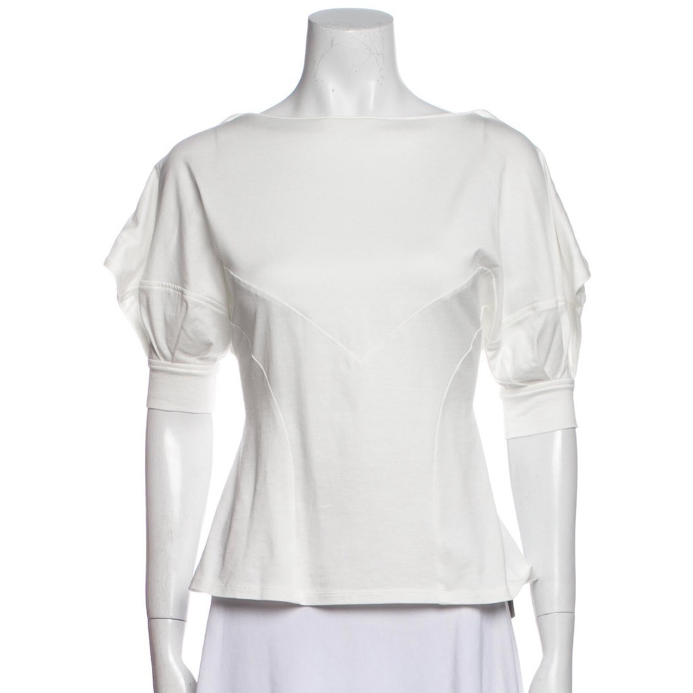 Akira Naka Akiranaka White Cotton Bateau Neckline Short Sleeve Blouse EUC Sz 2/S